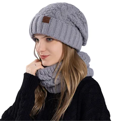 Produktbild von Damen Wintermütze Strickmütze mit Schal für Outdoor Sportarten, Grau