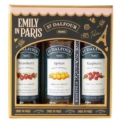 Produktbild von St. Dalfour Fruchtaufstrich Geschenkset – Emily in Paris Edition – 100% Frucht, ohne Zuckerzusatz, glutenfrei – 3x284g (Erdbeere, Aprikose, Himbeere)
