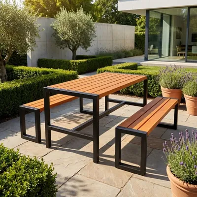 Produktbild von Gartenmöbel Typ 7 - 2 Bänke + 1 Tisch Kiefer braun lackiert