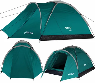 A collage of three images showing a teal camping tent from different angles.