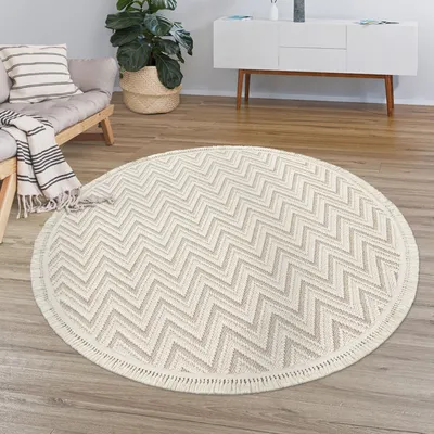 Produktbild von TT Home Wohnzimmer Teppich Kurzflor Fransen Geometrisches Muster Boho Design Größe 120 cm Rund