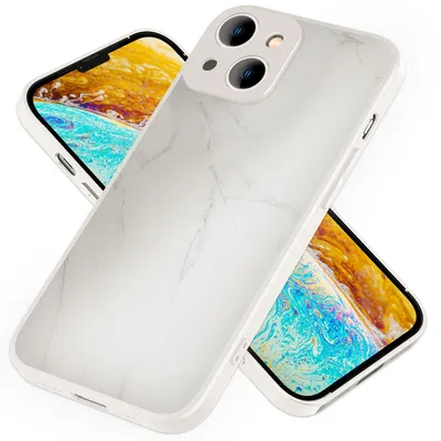 Produktbild von Glas Hülle für iPhone 14, Marmor Look Hardcase Silikon Rahmen Handy Schutz Cover Weiß