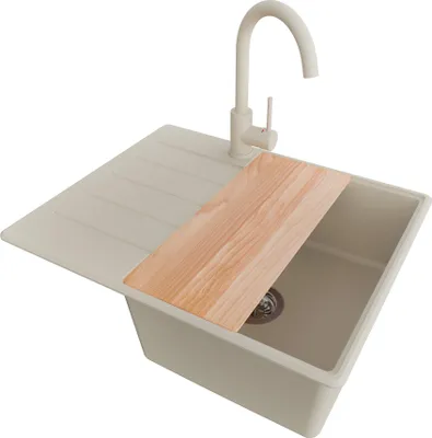 Produktbild von PRIMAGRAN Granitspüle Beige 62x50cm, Spülbecken 1 Becken + Küchenarmatur 32x20cm + Ablauf-Set + Schneidebrett, Küchenspüle ab 45er Unterschrank - Kopenhagen