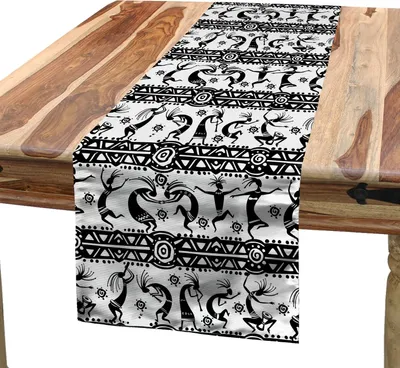 Produktbild von ABAKUHAUS afrikanisch Tischläufer, Tanzende orientalische Figuren Ornate Design Elements Tribal Folkloric Vintage Design, 40 x 180 cm, Weiß Schwarz