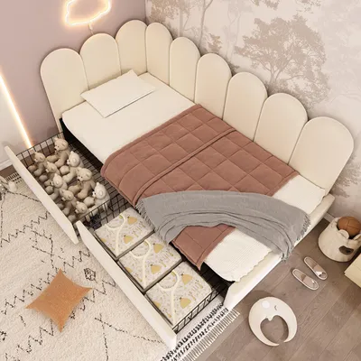 Produktbild von MODFU Daybett Schlafsofa 90x190cm Jugendbett mit Schubladenschnallen,Tagesbett Stauraumbett mit Lattenrost und zwei Schubladen,ohne Matratze,Beige