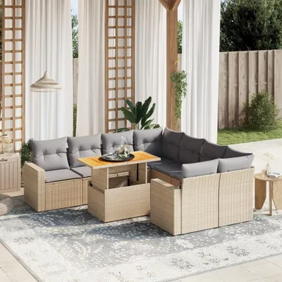 Produktbild von Design 9-tlg. Garten-Sofagarnitur mit Kissen Beige Poly Rattan, Gartenmöbel-Sets 2024 Neu
