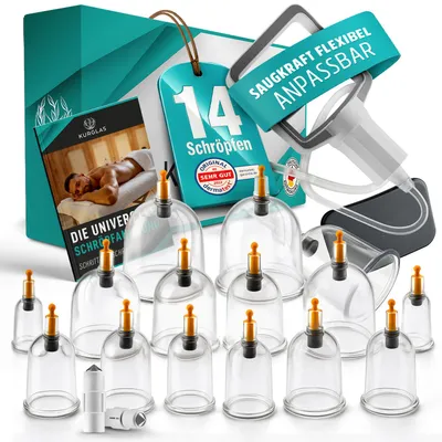 Produktbild von KURGLAS Schröpfgläser mit Vakuumpumpe [14 Stück] - Medizinische Schröpfen mit Therapiemagneten & Faszienschaber - Schröpfset mit e-Book
