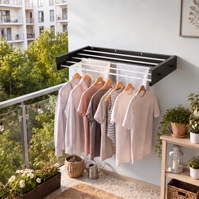 Image de Porte-serviettes pliable à fixer au mur, séchoir mural résistant aux intempéries, 80 cm, 5 barres, capacité de 25 kg, couleur noire