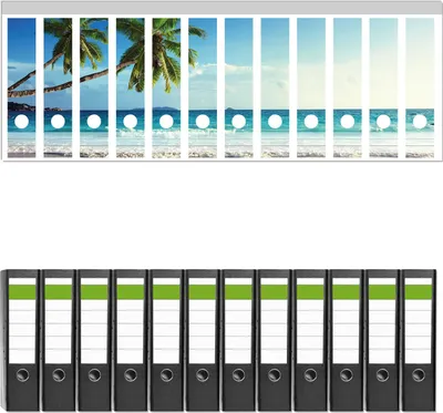 Produktbild von Wallario 12 Stück breite Ordner inkl. Klebeetiketten mit Motive Sandstrand auf den Seychellen - Urlaub unter Palmen -  Set mit Rückenschildern / Ordnerrücken Stickern