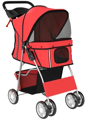 Produktbild von Hundewagen Faltbar Hundebuggy mit Reflektorstreif Aufbewahrungskorb Kissen für kleine Hunde bis 10 kg 77x44x102cm Rot
