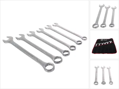 A set of wrenches laid out on a white background, with smaller inset images showing other views of the wrenches and a tool roll.