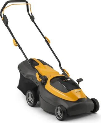 A yellow and black electric lawnmower is shown against a white background.