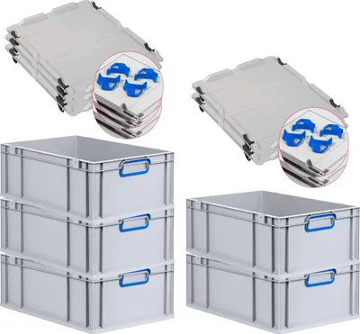 Produktbild von SparSet 5x Eurobox NextGen Color mit Auflagedeckel und Schiebeschnappverschlüsse | HxBxT 22x40x60cm | 44 Liter | Grau | Griffe blau geschlossen | Verstärkter Boden | Eurobehälter, Transportbox, Transportbehälter, Stapelbehälter