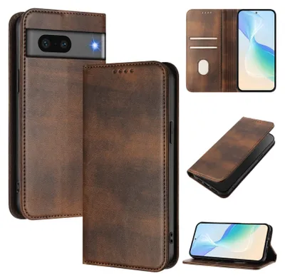Collage of images showing a brown leather phone case for a Google Pixel 7, with different views and angles.