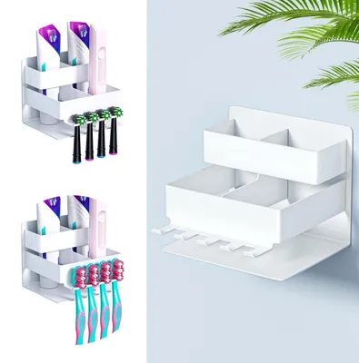 Obrázek produktu pro Držák na zubní kartáčky, elektrická zubní kartáčka, nástěnný, bez vrtání, bílý, kovový, 4 přihrádky