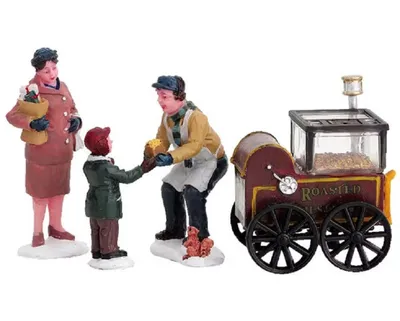 Im Mittelpunkt stehen drei Figuren und ein kleiner Wagen, der als Kastanienröster dargestellt ist.
