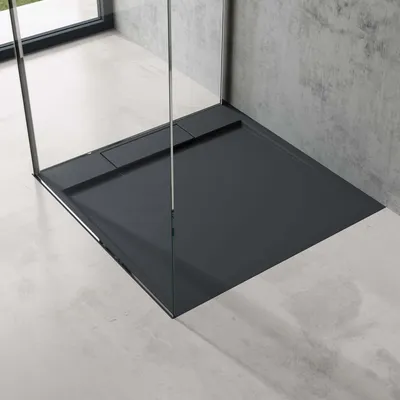 Produktbild von doporro Duschtasse Duschwanne 100x100x4 flach Mineralguss in Anthrazit DIN-Anschlüsse für bodenebene Montage geeignet Geoma04