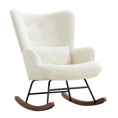 Image de HomeMiYN Fauteuil à bascule, structure métallique, socle en bois, tissu bouclé, beige