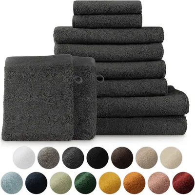 Zdjęcie produktu dla Zestaw ręczników frotte premium Blumtal z pętelkami do zawieszania - bawełna z certyfikatem Oeko-TEX, miękka, bardzo chłonna - 2 x ręcznik kąpielowy, 2 x ręcznik do rąk, 2 x ręcznik dla gości, 2 x flanela, antracytowy