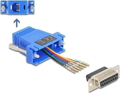 Produktbild von Delock D-Sub 15 Pin Buchse zu RJ12 Buchse Montagesatz blau