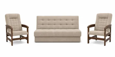 Produktbild von ANMIL SET Schlafsofa OLIO mit 2 Sesseln in Beige Stoff SAWANA 3-teilige Polstergarnitur mit Schlaffunktion, Bettkasten und Gestell Nussbaum dunkel, KI-generiertes Bild