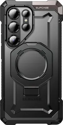 A black phone case with a kickstand and a circular grip on the back.