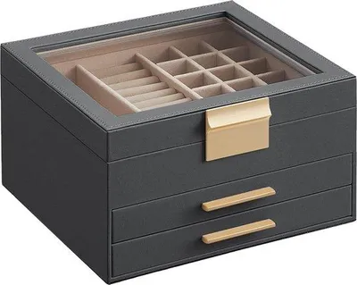 Produktbild von Unyqoos® Schmuckkästchen – 3 Ebenen mit Glasdeckel, 2 Schubladen & 19 Fächer, interstellargrau mit goldenen Griffen, samtgefüttert, 20,3 x 23,1 x 13,5 cm