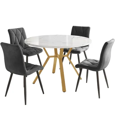 Produktbild von Esstisch-Set, Esstisch- und Stuhlset (5-teilig), modernes, schlichtes rundes Esstisch- und Stuhlset aus Marmor, Grauer Esszimmerstuhl