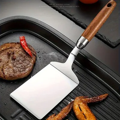 Zdjęcie produktu dla Łopatka do smażenia ze stali nierdzewnej z drewnianą rączką – łopatka do steków i grillowania, 28,5 cm