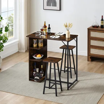 Produktbild von Bartisch & 2 Barhocker - 3-teiliges Bar-Set - Für 2 Personen - Tresenhöhe - Ablagefächer - Metallgestell, Holz - Braun, Holzsitz