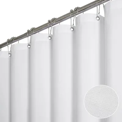 Productafbeelding van Douchegordijn van textiel, 120 x 200 cm, met een fijne linnenstructuur, schimmelwerend, waterdicht, met 8 plastic haken, wasbaar. Verzwaard polyester douchegordijn voor de badkamer, wit