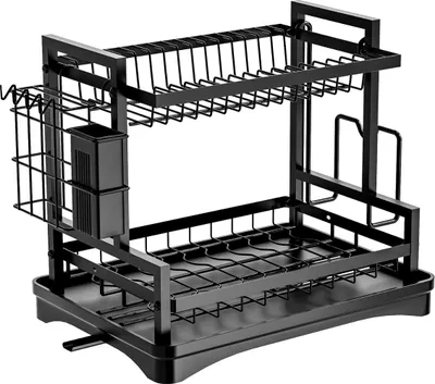 Produktbild von KRKZ 2-lagiger Geschirrständer – Kohlenstoffstahl und PP, mit Schneidebrettständer (Schwarz 16,3"x11,8"x13")