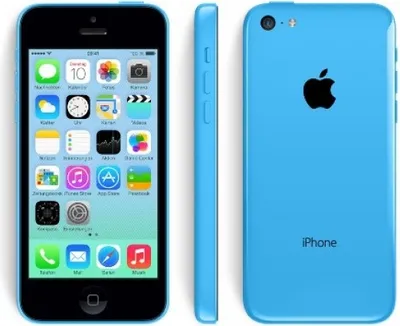 A blue Apple iPhone 5C is shown from the front, side, and back.