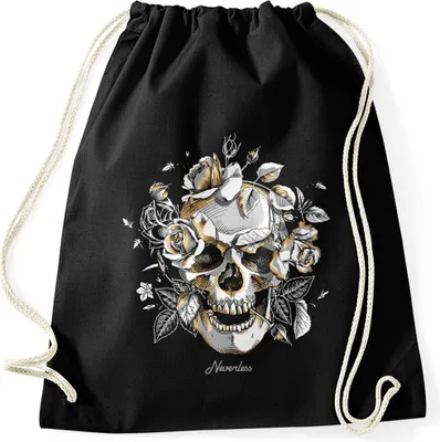 Produktbild von Turnbeutel Totenkopf Rosen Skull Roses Schädel Hipster Beutel Tasche Gymsac Autiga® schwarz unisize