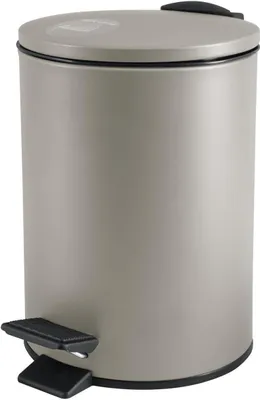 A taupe colored trash can with a black pedal and lid.