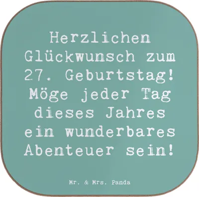 Produktbild von Mr. & Mrs. Panda Tischuntersetzer Spruch 27. Geburtstag Abenteuer - Meeresbrise - Geschenk, Happy Birthday, handgefertigte Geschenke, Coaster, unterleger, Glückwunsch