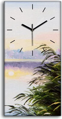Produktbild von Dekor Leinwand Uhr Wandbilder 30x60 Gemälde See Bäume Himmel Sonnenuntergang - schwarze Hände
