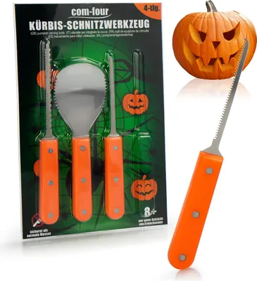 Produktbild von com-four® 4-teiliges Kürbis Schnitz-Set für Halloween - Schneide-Werkzeuge zum Aushöhlen von Kürbissen - Schnitzset mit Löffel, Sägemessern und Auftrennsäge