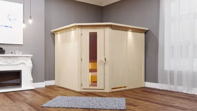 Produktbild von Karibu Sauna Innensauna Malin Eckeinstieg Ofen 9 KW externe Strg easy 245x210x202 cm mit Dachkranz mit Energiespartür