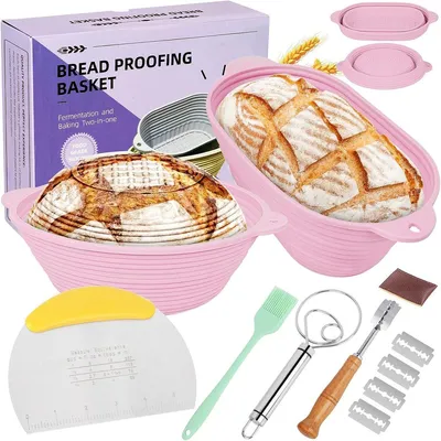 Produktbild von Gärkörbchen Set Silikon faltbar, rund & oval Brotgärkorb mit Zubehör, hitzebeständig -40–230°C, spülmaschinengeeignet, für Sauerteig Brot