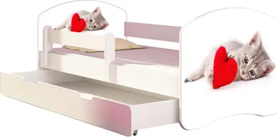 Produktbild von ACMA Jugendbett Kinderbett Junior-Bett Komplett-Set mit Matratze Lattenrost und Rausfallschutz Weiß 40 Katze mit Herz 160x80 + Bettkasten