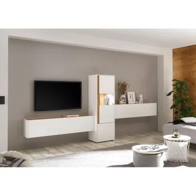 Produktbild von Anbauwand Wohnzimmer CRISP-61 inkl. Beleuchtung in weiß mit Absetzungen in Wotan Eiche Nb., B/H/T: ca. 350/155/40 cm