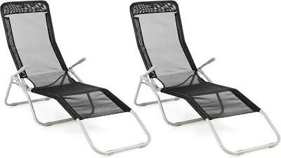Produktbild von Gartenliege 2er Set Bäderliege 160x48,5x100 cm Textilene 5kg Armlehne Stahlrahmen Relaxliege klappbar Kippliege bis 100 kg belastbar wetterfest pflegeleicht Farbe wählbar (schwarz)