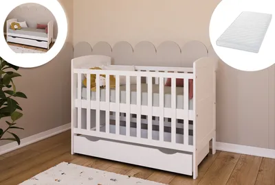 Produktbild von Babybett Kinderbett 70x140 cm mit Matratze & Schublade umbaubares Gitterbett höhenverstellbar | baby bed weiss  Europe 140x70