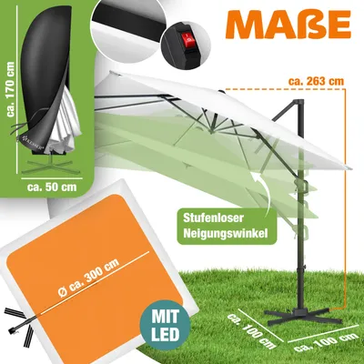Immagine prodotto di Ombrellone KESSER® Ombrellone a braccio SUN XL 300 x 300 cm Incl. copertura + protezione antivento Girevole Inclinabile Ribaltabile Ombrellone da mercato Grande rotazione a 360°, ombrellone da giardino con manovella Protezione solare UV50+