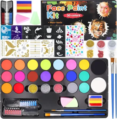 Imagen del producto de Kit de maquillaje para niños, con 20 colores, lavable, completo, que incluye pinceles y plantillas, ideal para niños
