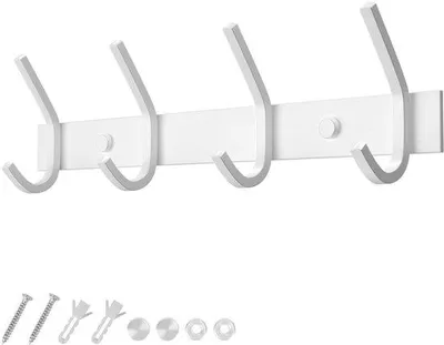 Productafbeelding van Unyqoos® Wandhaken voor kleding – 4 haken (27 cm), mat wit, roestvrij staal 304, afstand tussen de haken ongeveer 7 cm, draagvermogen tot 20 kg