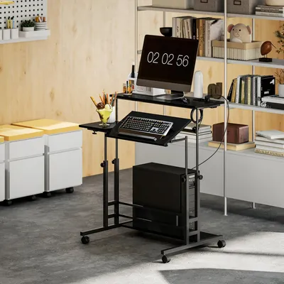 Produktbild von Höhenverstellbarer Schreibtisch auf Rollen - Computertisch - Steckdosen & USB-Ports - Neigbare Mittelplatte - Ablageboden - 80 x 60 cm - Schwarz