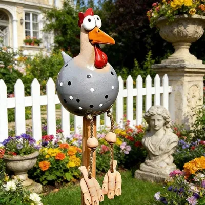 Produktbild von Gartendekoration mit Hühnern aus Keramik, handgefertigter Hühnerpfosten, handgefertigte Gartenstatue, dekorativer Hühnerpfosten, Hühnerfigur aus Kunstharz, Gartendekoration für Terrasse und Garten (grau)