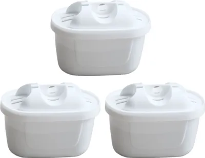 Three white water filter cartridges are arranged in a triangular formation against a white background.
